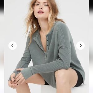 Waffle Knit Long Sleeve Henley in Sage